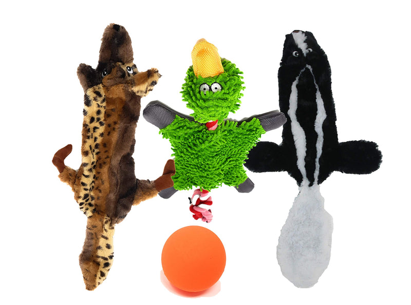Large Dog Toys Set of 3 Plush Stuffingless Animals 24 Inches - Skunk/Wolf Squeaky Toys - Duck Squeaky w/ Crinkle Body and Rope for Tug. Rubber Ball for Aggressive Chewers Medium/Large Dogs + Carry Bag
