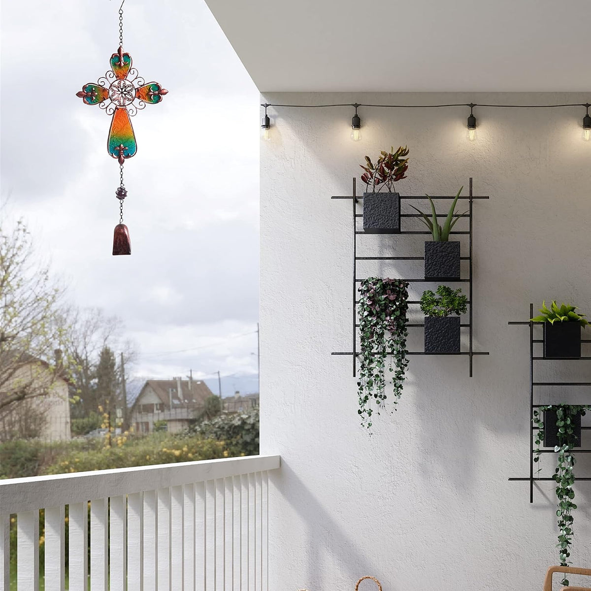 Comfy Hour Farmhouse Home Decor Collection 21" Metal Art Cross Windchime, Multi Color Wind Chime Single Windbell