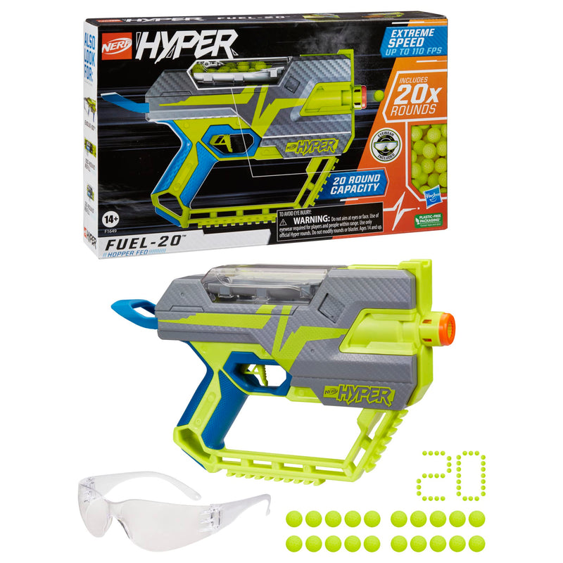 Nerf Hyper Fuel-20 Blaster, 20 Nerf Hyper Rounds, Up to 110 FPS Velocity, Hopper Fed, 20-Round Capacity, Easy Reload, Eyewear Included