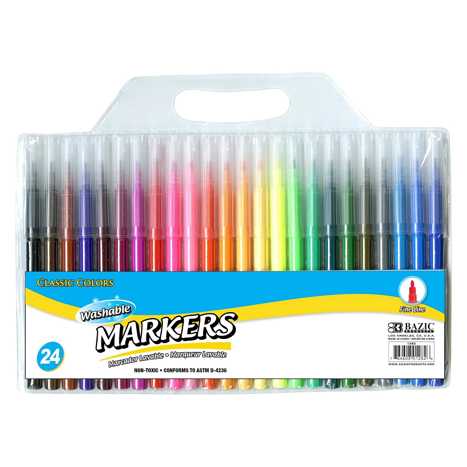BAZIC 24 Color Fine Tip Washable Markers Pens, Assorted Colors Watercolor Marcador, Gift for Kids School Art Coloring Drawing, 1-Pack