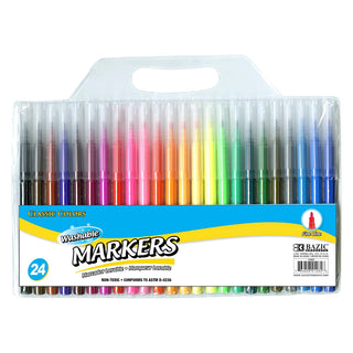 BAZIC 24 Color Fine Tip Washable Markers Pens, Assorted Colors Watercolor Marcador, Gift for Kids School Art Coloring Drawing, 1-Pack