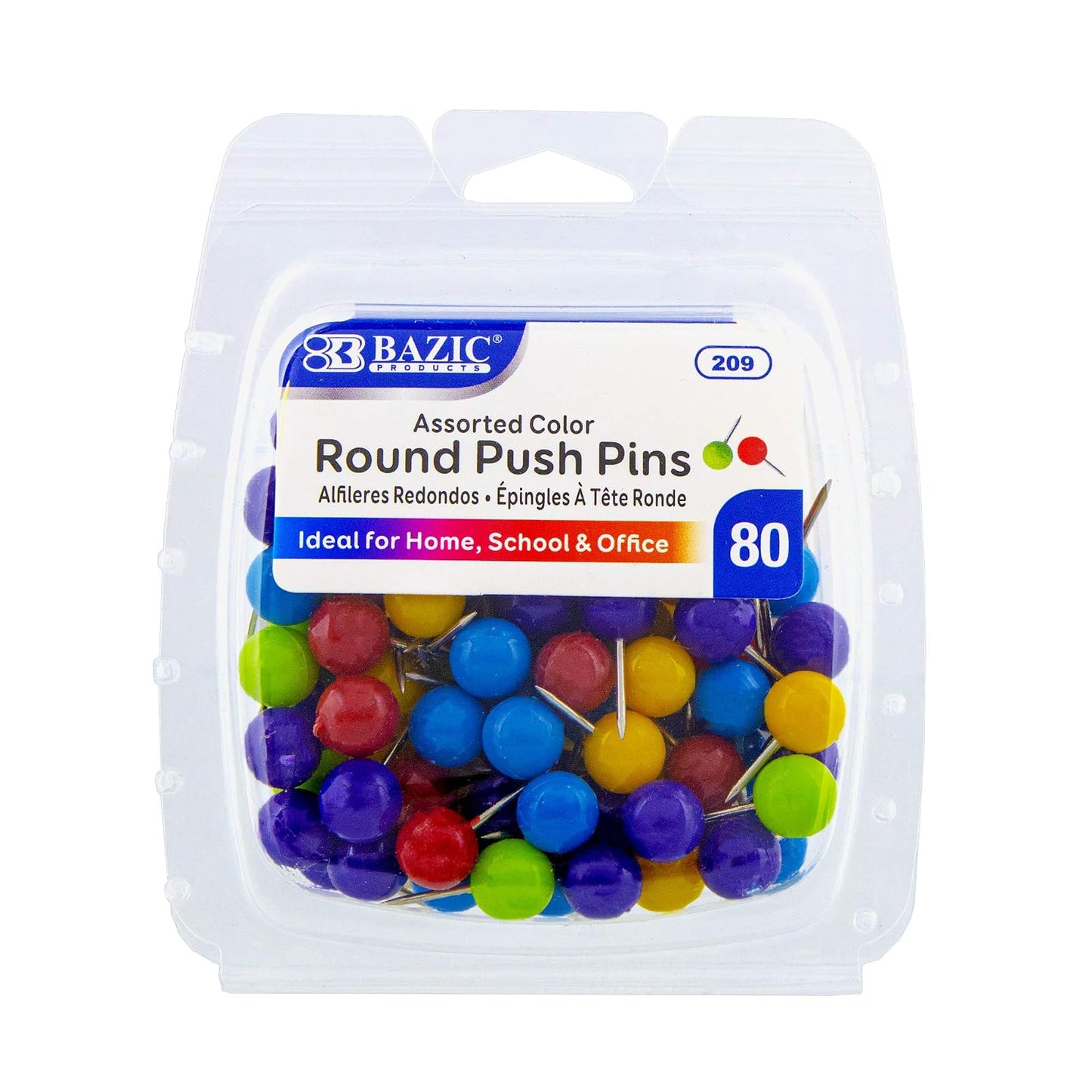 BAZIC Push Pins, Round Plastic Head, Assorted Color Thumb Tacks Steel Point Pin for Cork Bulletin Board Map Posters Office School (80/Pack), 1-Pack