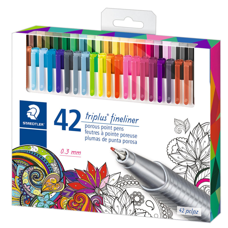 Staedtler 334C42 Triplus Fineliner Stick Porous Point Pen, Extra-Fine Needle Tip, 0.3mm, Assorted Ink, Silver Barrel, 42/Set