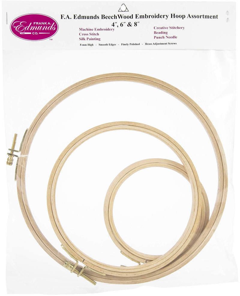 Frank A. Edmunds Beech Wood Embroidery Hoop Set 4&quot; 6&quot; and 8&quot; Assortment 8 mm High with Finely Polished Smooth Edges (1)