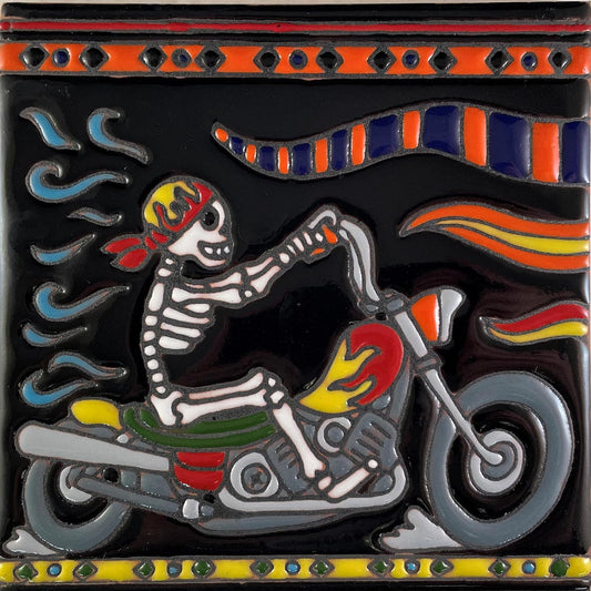 Fine Craft Imports 6x6 Motorcycle Riding. Day-of-The-Dead Clay Tile