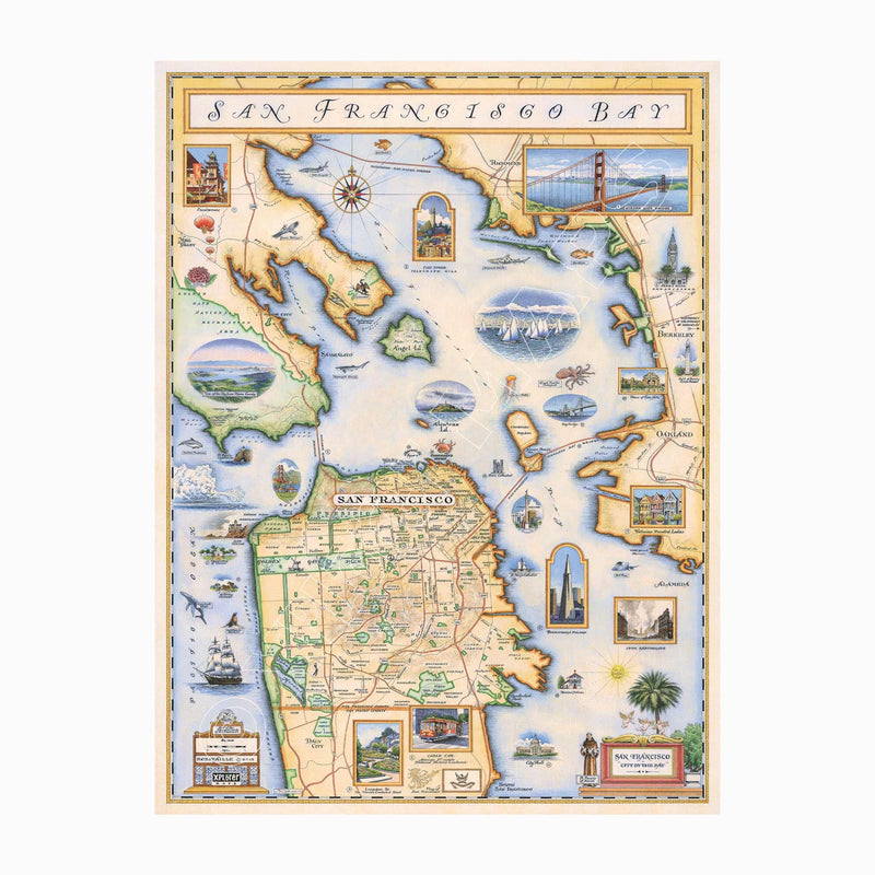 Xplorer Maps San Francisco Bay Hand-Drawn Map - Authentic 18x24 Vintage-Style Wall Art - Lithographic Print with Soy-Based Inks - Made in USA