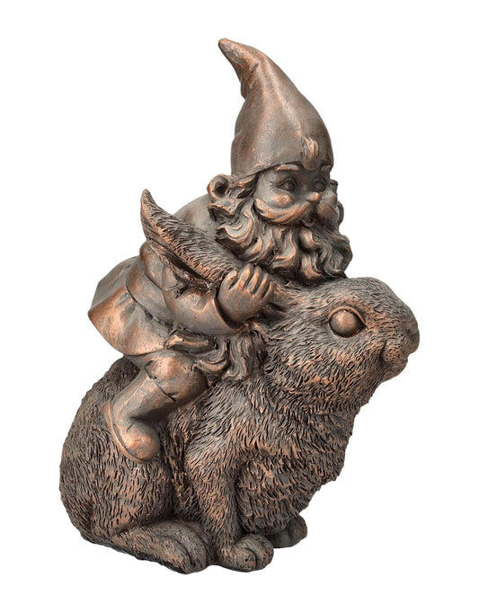 Pacific Trading Giftware Bronze Gnome on Bunny Figurine, 8.07-inch Height, Gold Cast Broze, Table Decoration