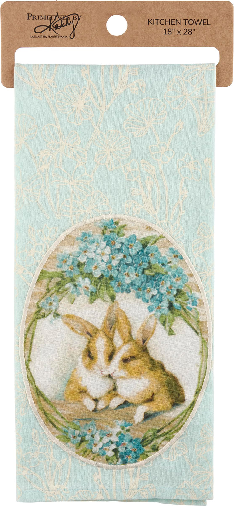 Primitives by Kathy Bunnies Surrounded by Blue Flowers Kitchen Towel
