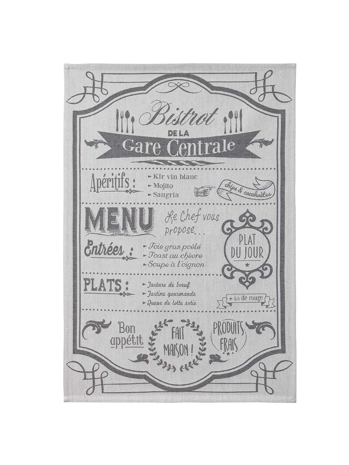 Coucke French Cotton Jacquard Towel, Au Menu Creme, 20-Inches by 30-Inches, Black and Cream