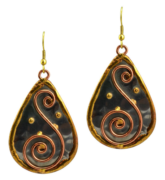 Anju Mixed Metal Teardrop "S" Spiral Dangle Earrings in Stainless Steel, Brass and Copper