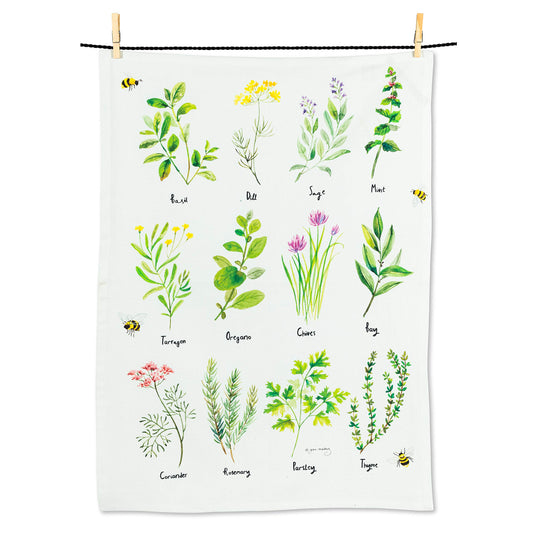 Abbott Collection 56-KT-JM-03 12 Herbs Tea Towel-20x28 L, 1 EA, White/Green