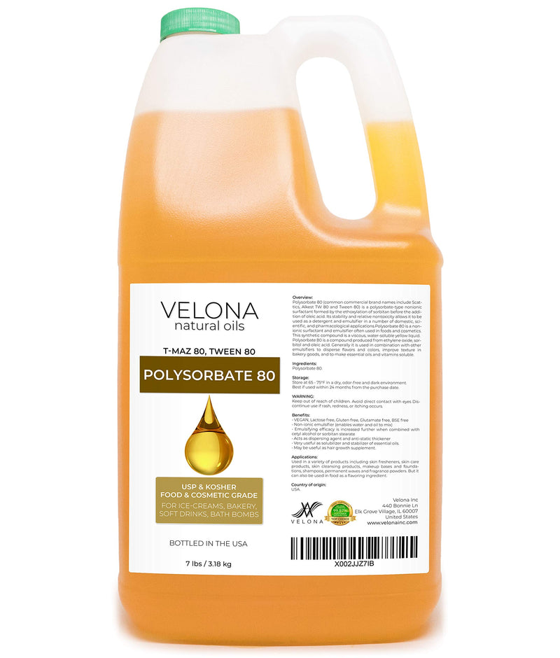 Polysorbate 80 by Velona - 7 lb | Solubilizer, Food & Cosmetic Grade | All Natural for Cooking, Skin Care and Bath Bombs, Sprays, Foam Maker | Use Today - Enjoy Results