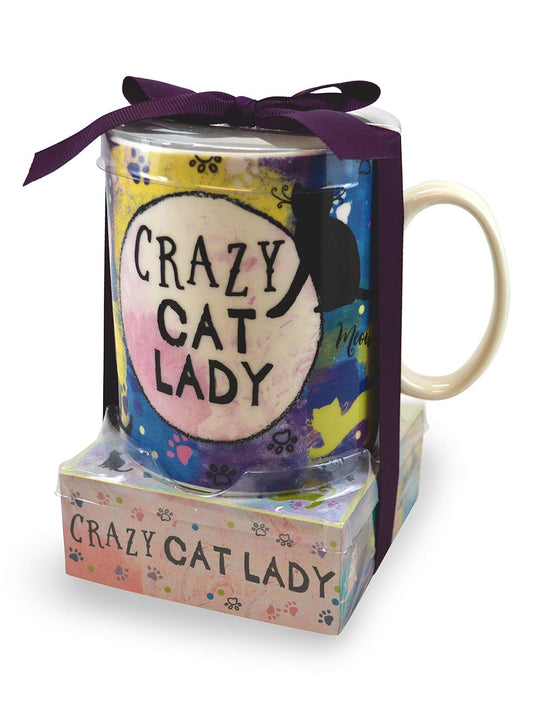 Divinity Crazy Cat Lady Pawprint Blue 14 ounce Glossy Ceramic Mug and Note Stack
