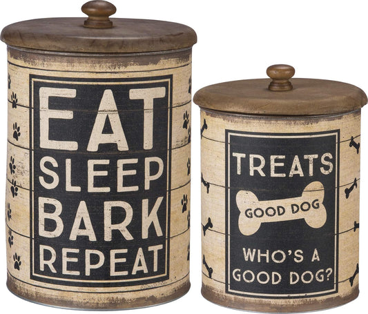 Primitives by Kathy 39369 Dog Treat Tin Canisters, 2-piece, Sleep, Bark, Repeat