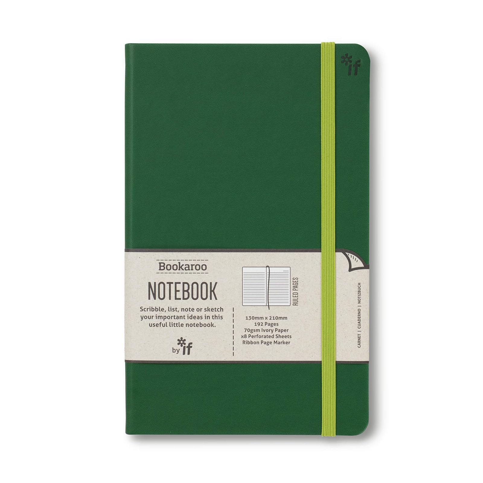IF Bookaroo Notebook, Journal - Forest Green, Classic Ruled Notebook, Hard Cover with Soft PU, (A5) 21.5 x 13.5cm, 192 Pages, 43215
