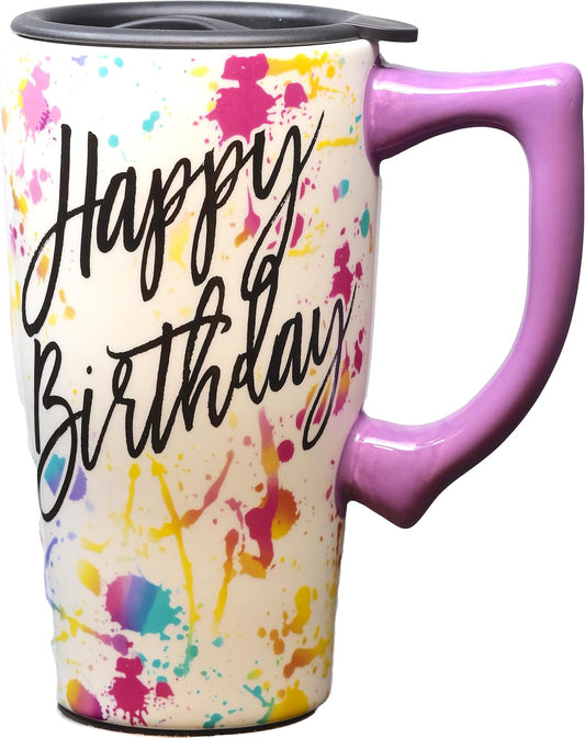 Spoontiques Happy Birthday Ceramic Travel Mug, 18 oz, White