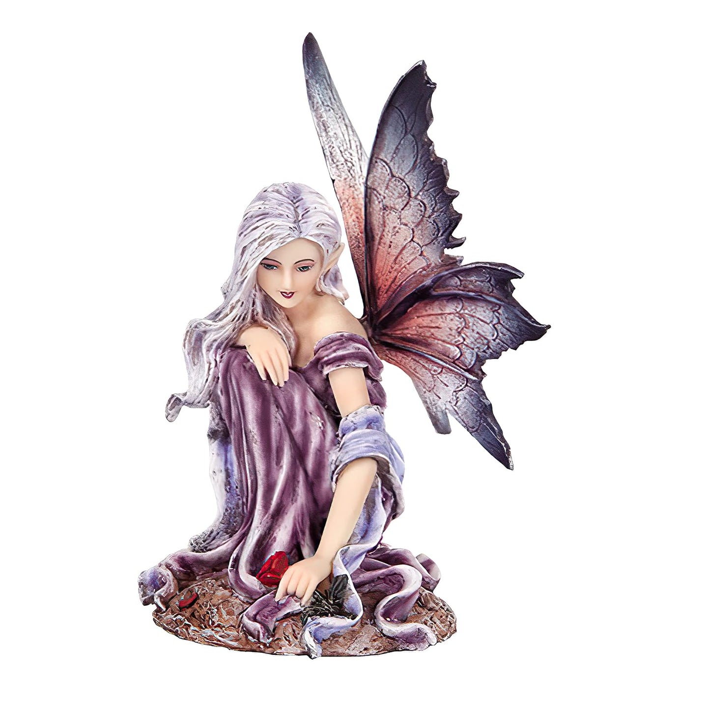 Pacific Trading Giftware 5.25 Inch Fairyland Purple Winged Fairy with Red Rose Statue Figurine