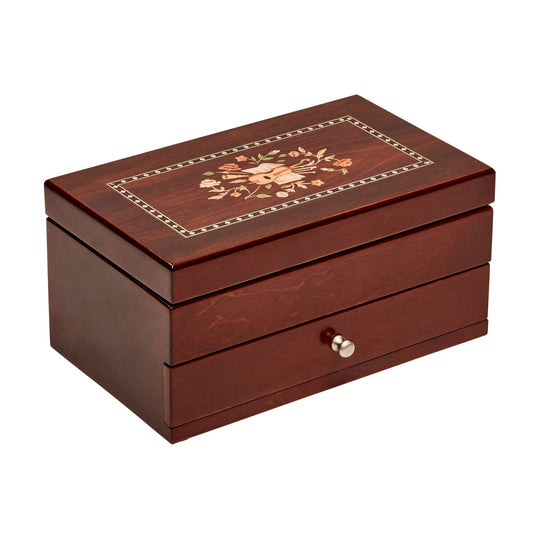 Mele and Co. Brynn Wooden Jewelry Box with Florentine Marquetry Motif in Walnut Finish