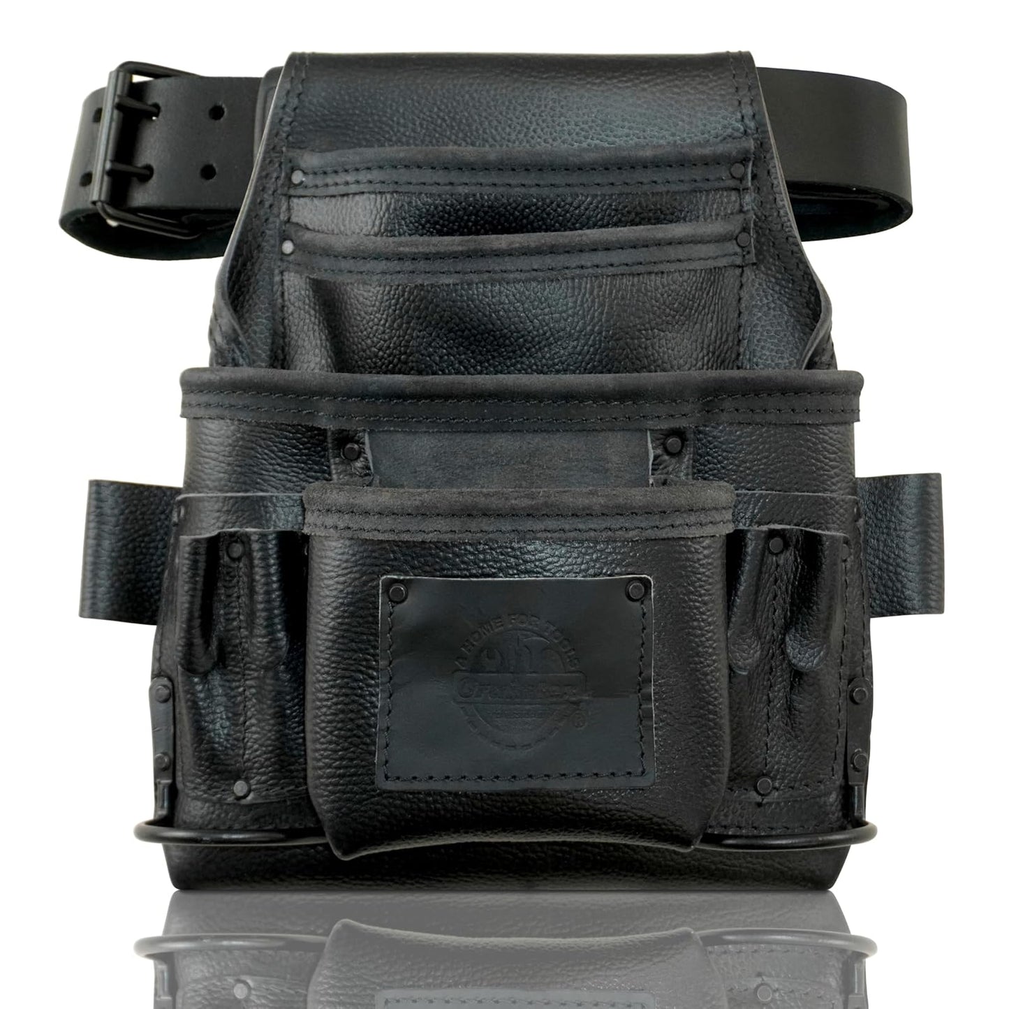 Graintex ST2870 :: 10 Pocket Nail & Tool Pouch Rugged Black Color Top Grain Leather with 2” Leather Belt for Framers, Constructors, Electricians, Plumbers, Handyman