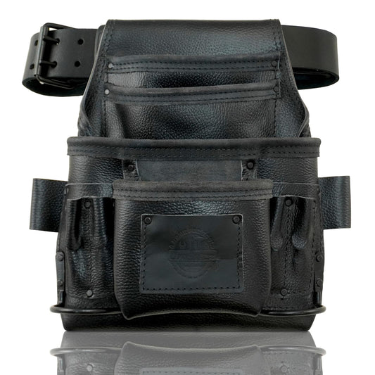 Graintex ST2870 :: 10 Pocket Nail & Tool Pouch Rugged Black Color Top Grain Leather with 2” Leather Belt for Framers, Constructors, Electricians, Plumbers, Handyman