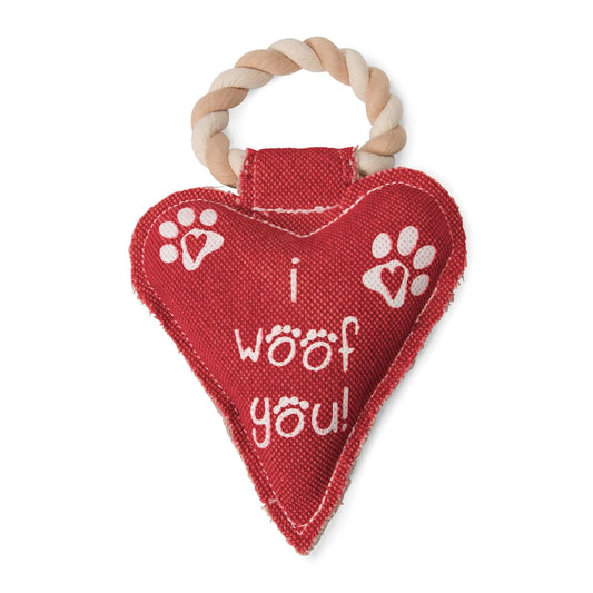 Pavilion Gift Company Red Heart Shaped "I Woof You!" Canvas and Rope Dog Squeaky Toy