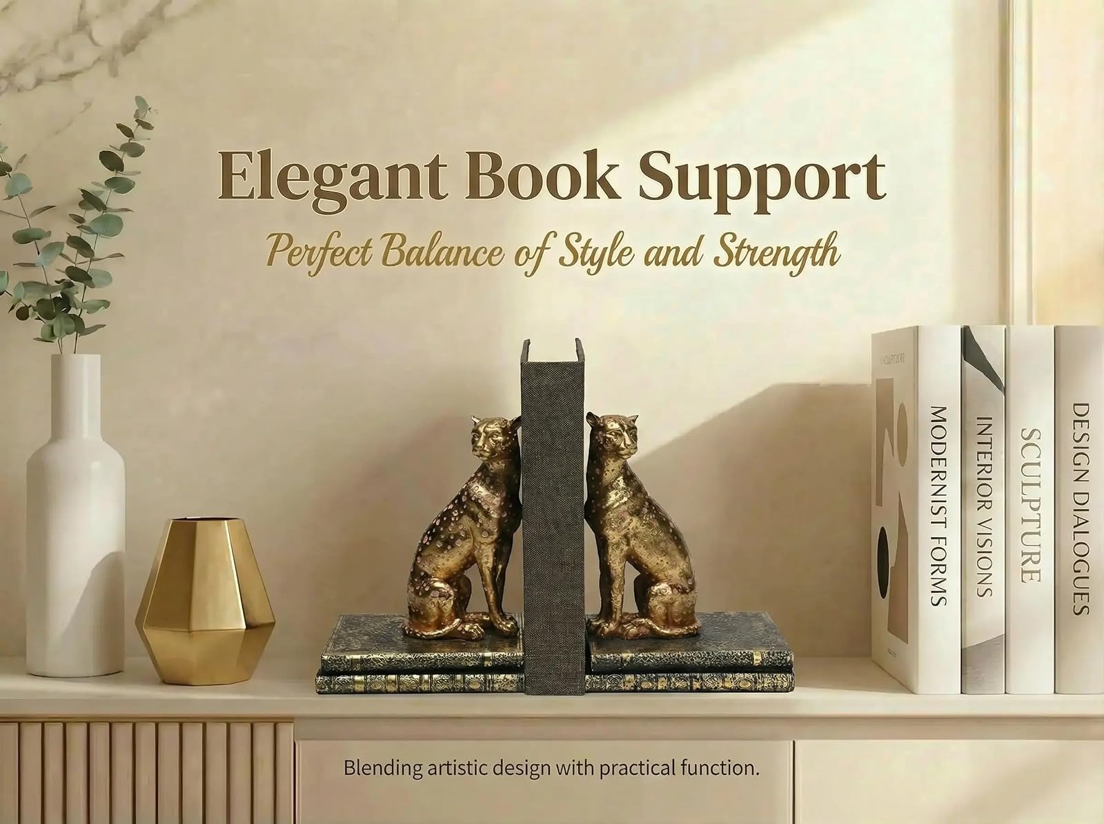 Comfy Hour Farmhouse Home Decor Collection Polyresin Solid Heavy Set of L/R Cheetah Art Bookends, 1 Pair, Gold