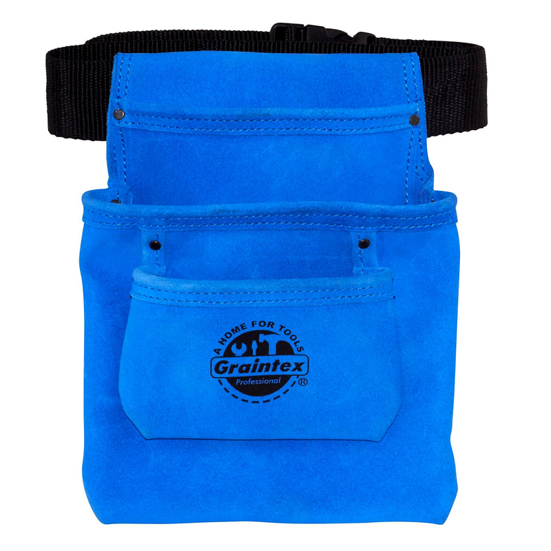 GRAINTEX SS2133 3 Pocket Nail & Tool Pouch Blue Color Suede Leather with 2” Webbing Belt for Constructors, Electricians, Plumbers, Handymen