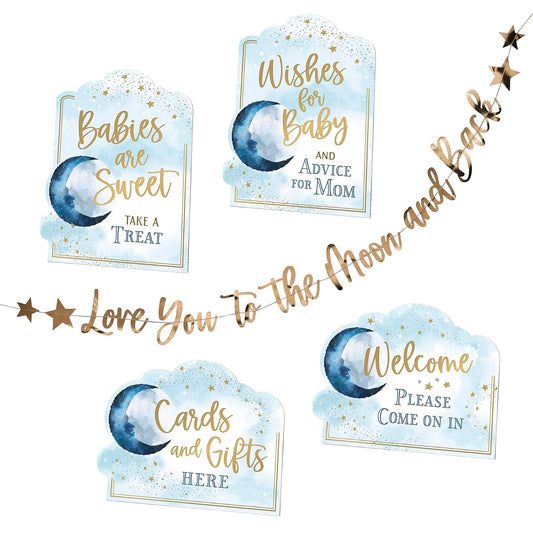 Blue Sky Clayworks Lillian Rose"Love You to The Moon and Back" Baby Shower Decoration Signs and Bunting,Blue