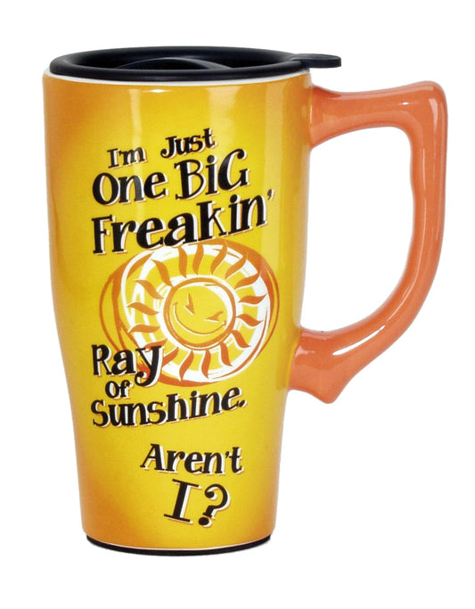Spoontiques 12867 Big Ray of Sunshine Ceramic Travel Mug, 18 ounces, Yellow
