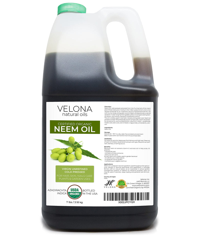 velona Neem Oil USDA Certified Organic - 7 lb | 100% Pure and Natural Carrier Oil | Virgin, Unrefined, Cold Pressed | Hair, Body and Skin Care | Use Today - Enjoy Results