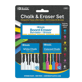 BAZIC Chalk and Eraser Set, Colored and White Chalk, Set of 25