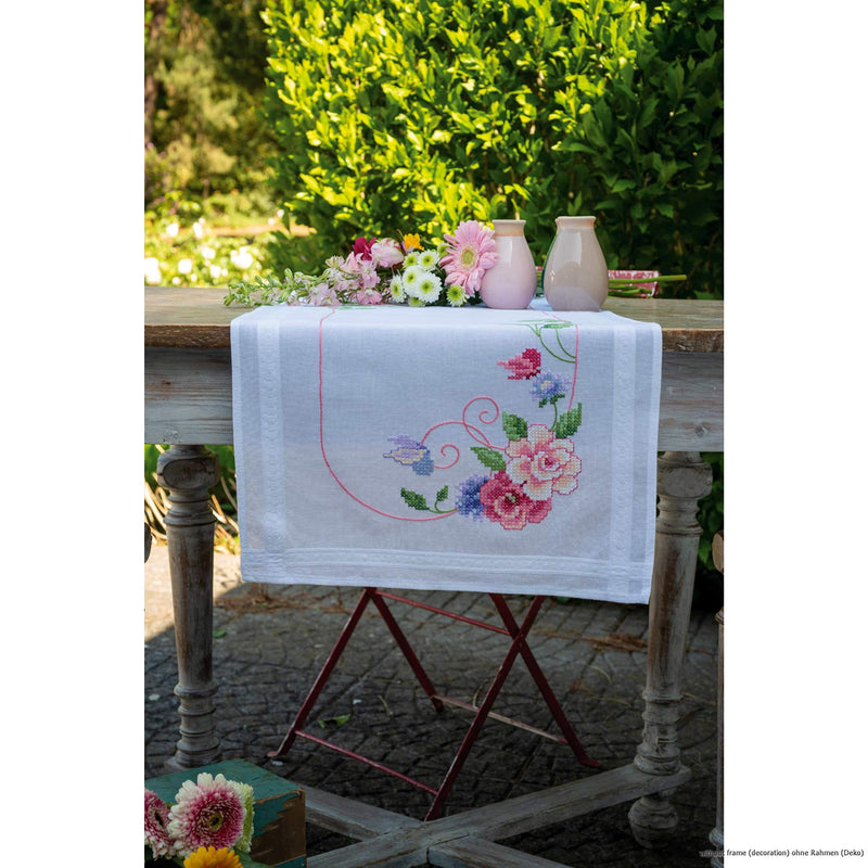 Vervaco Embroidery Kits Cross Stitch Table Runner DIY Kit, Tablecloth to Embroider with Embroidery Image in Modern Design, Cotton and Embroidery Thread, 16 x 40 Inches, Flowers & Butterflies