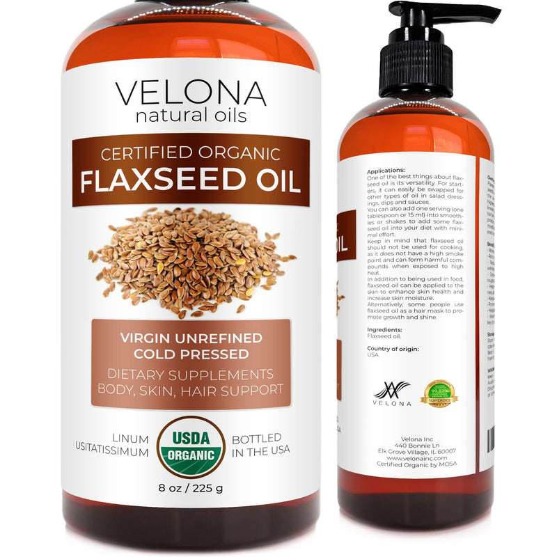 velona USDA Certified Organic Flaxseed Oil - 8 oz | 100% Pure and Natural Carrier Oil | Unrefined, Cold Pressed | Hair Growth, Body, Face & Skin Care | Use Today - Enjoy Results…