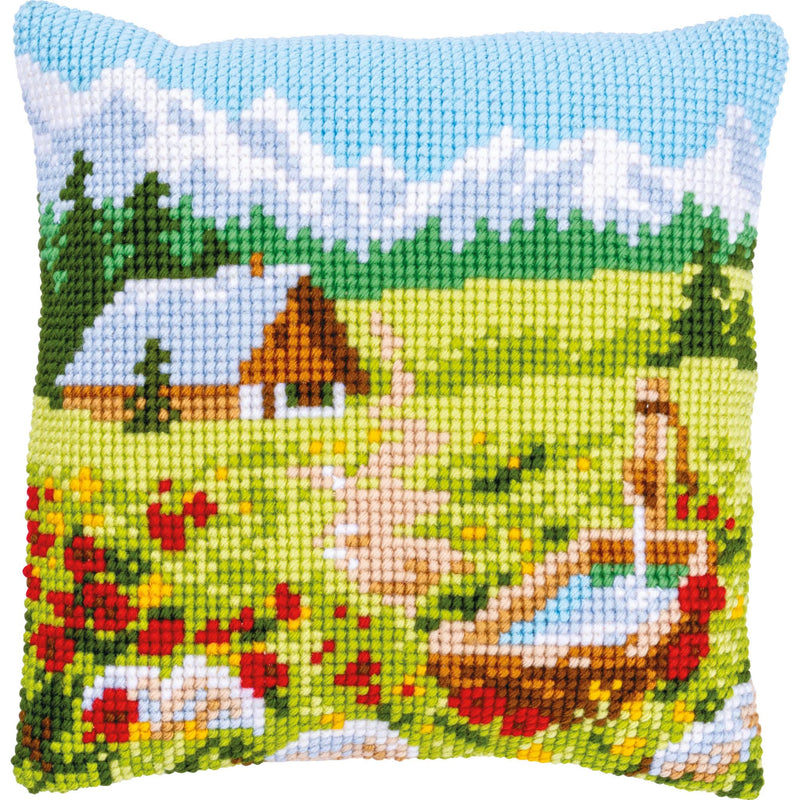 Vervaco Mountain Meadow Cross Stitch Cushion Kit, ca. 40 x 40 cm, Off- White