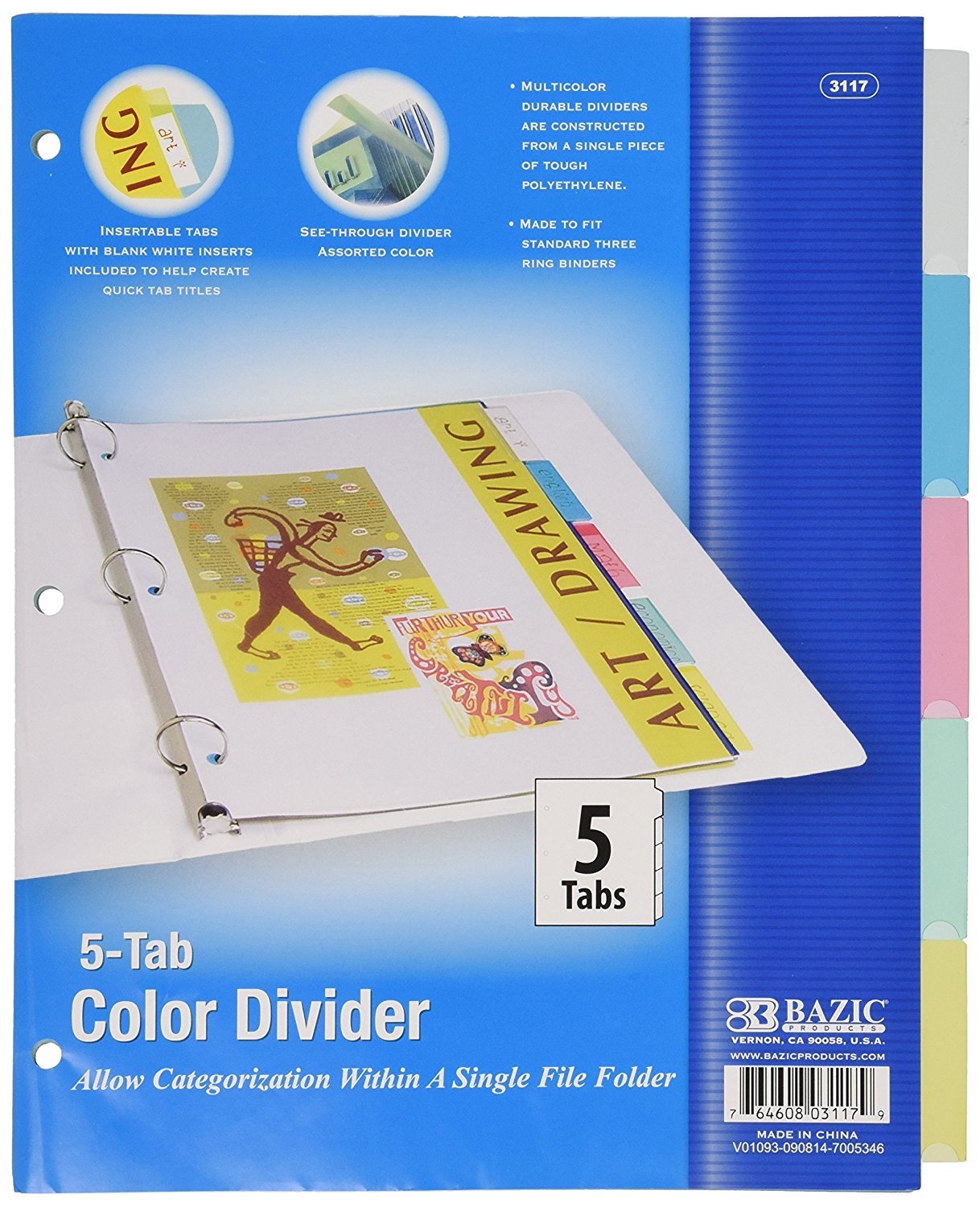 BAZIC Binder Dividers w/ 5 Insertable Color Tabs, 11 Hole Punch Plastic Index Divider with Tab for 3 Ring Binders (10/Pack), 1-Pack