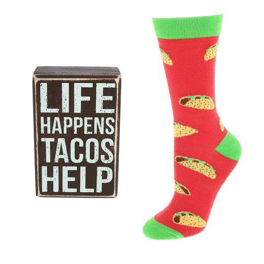 Primitives by Kathy 105532 Decorative Box Sign & Pair of Socks Gift Set-Life Happens Tacos Help, One Size, Black, Red