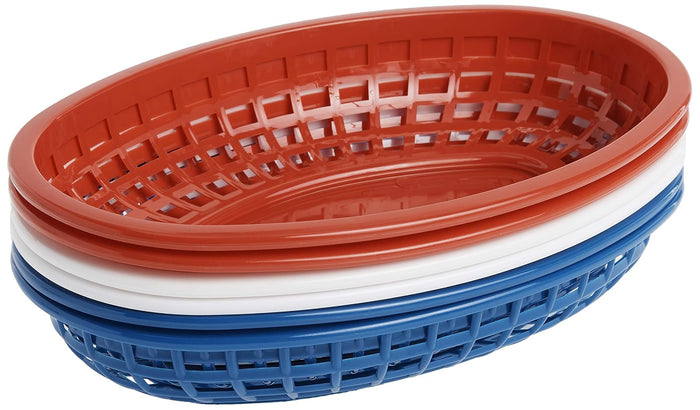 Tablecraft H1074RWB 6 Piece Classic Oval Plastic Baskets Red/White and Blue