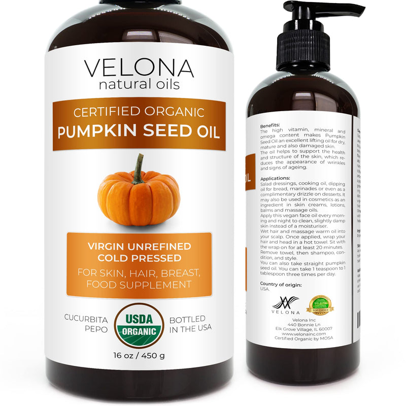 velona Pumpkin Seed Oil USDA Certified Organic - 16 oz | 100% Pure and Natural Carrier Oil | Unrefined, Cold Pressed | Cooking, Face, Hair, Body & Skin Care | Use Today - Enjoy Results