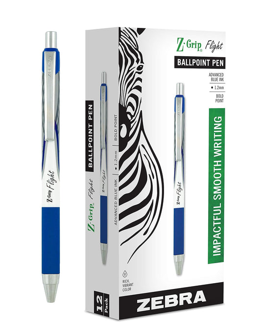 Zebra Pen Z-Grip Flight Retractable Ballpoint Pen, Bold Point, 1.2mm, Blue Ink, 12-Count