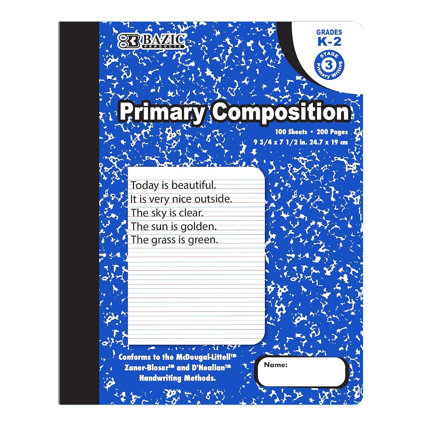 BAZIC 100 Sheets Primary Ruled Blue Marble Composition Book, Elementary Grade Comp Books Writing Journal Notebook with Lined Paper, for Kids Toddler Practice Learning, 1-Pack