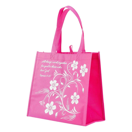 Work All Things Good Romans 8:28 Pink Reusable 12 x 12 Eco Friendly Tote Bag by Divinity Boutique