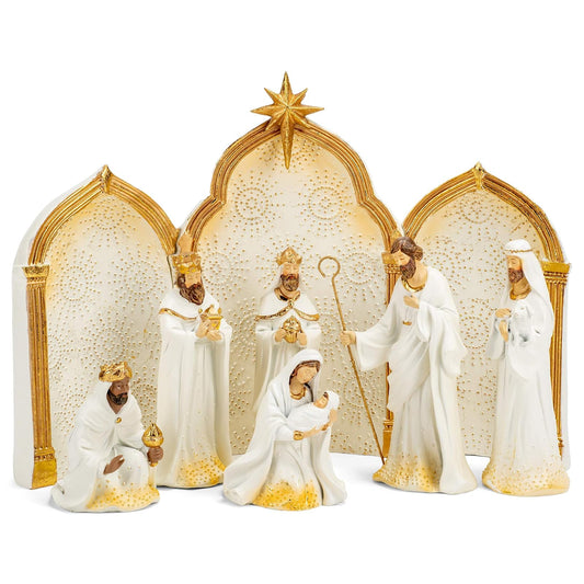 Roman 133014 Nativity Gold Dot Ivory with Triptych Backdrop Set of 9, 11.25 inch