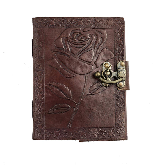 Tuzech Leather Journal Writing Notebook - Handmade Leather Bound Vintage Journal For Women and Men with Lock And Engraved Rose Gift For Art, Travel Diary And Notebooks To Write In 7 by 5 Inches