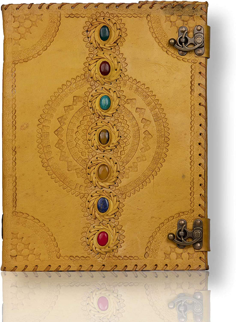 TUZECH Seven Chakra Medieval Stone Embossed Handmade Jumbo Leather Journal Book of Shadows Notebook Office Diary College Poetry Sketch (Yellow, 18 Inches)