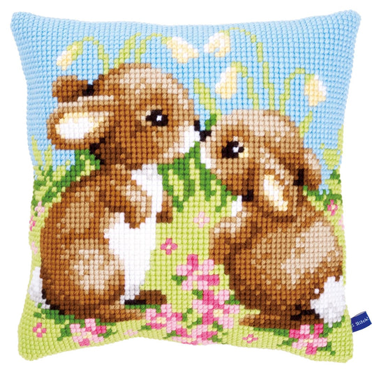 Vervaco Cross Stitch Embroidery Kits Pillow Front for Self-Embroidery with Embroidery Pattern on 100% Cotton and Embroidery Thread, 15,75 x 15,75 Inches - 40 x 40 cm, Little Rabbits