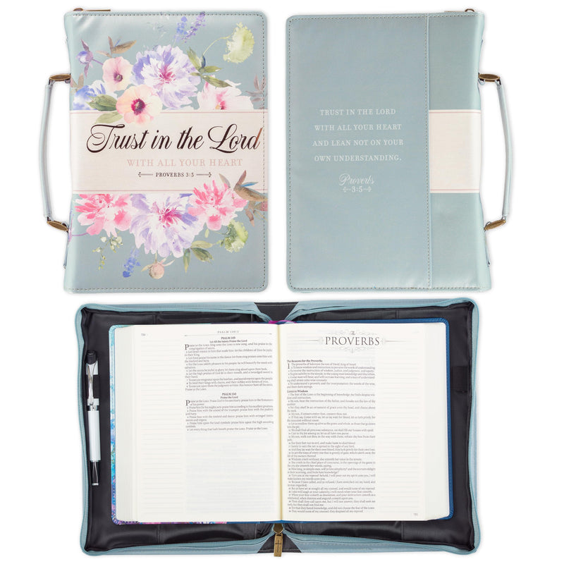 Christian Art Gifts Fashion Vegan Leather Bible Cover for Women: Trust in The Lord Inspirational Scripture Book Tote, Pen Loops, Pockets. Stationery Accessory, Light Teal Multicolor Floral, Medium