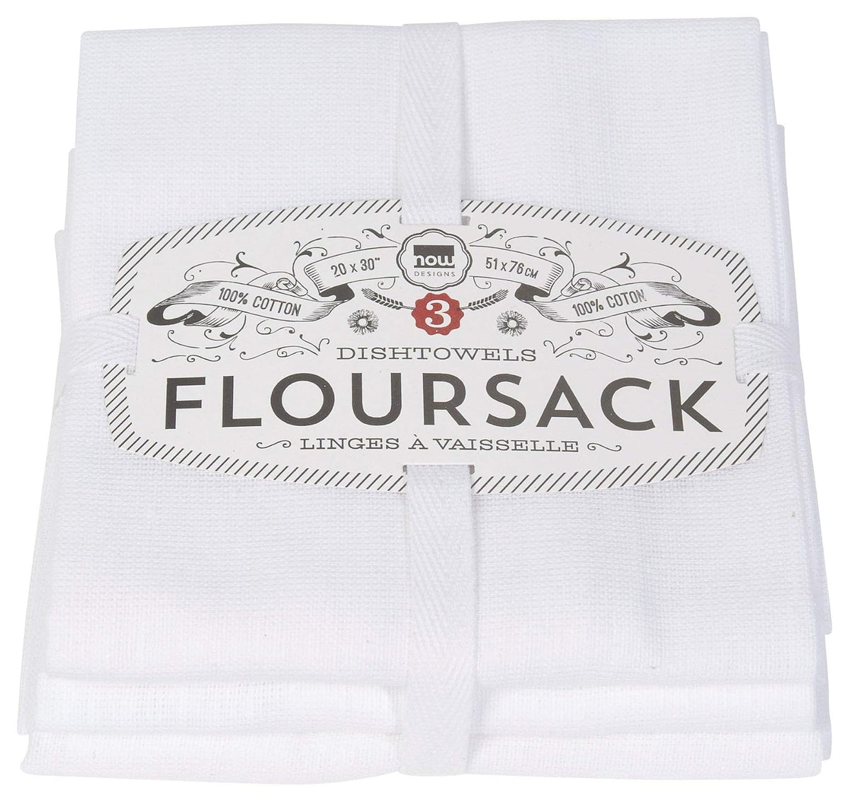 Now Designs Classic Floursack Kitchen Towels, Set of Three, White