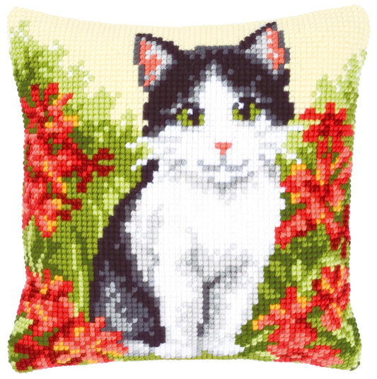 Vervaco Cross Stitch Embroidery Kits Pillow Front for Self-Embroidery with Embroidery Pattern on 100% Cotton and Embroidery Thread, 15,75 x 15,75 Inches - 40 x 40 cm, Cats Flowers