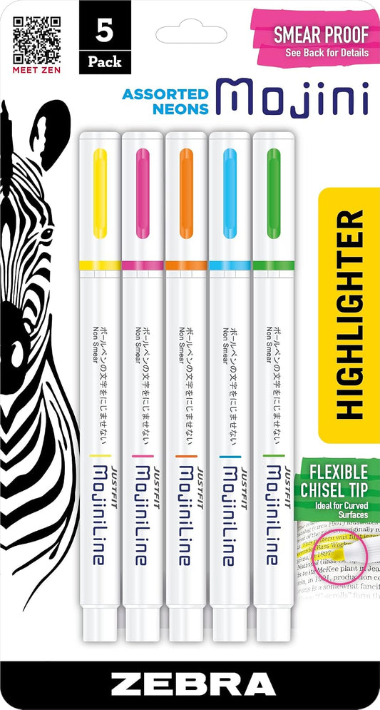 Zebra Pen Mojini Highlighter Set, Soft Chisel Tip, Assorted Colors, 5-Pack (70205)