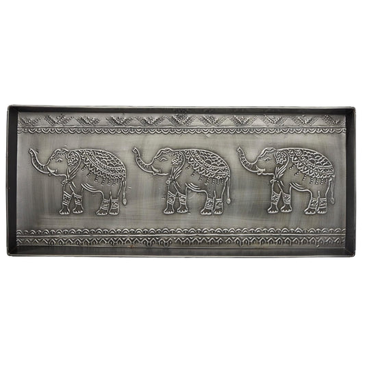 Larry Traverso Elephants Pattern Metal Boot Tray, 30 x 13 inches, Antique Zinc Finish